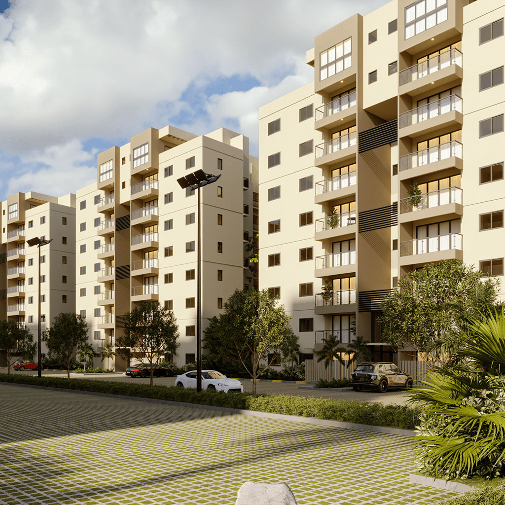 Facade of the apartments in Santo Domingo Norte.